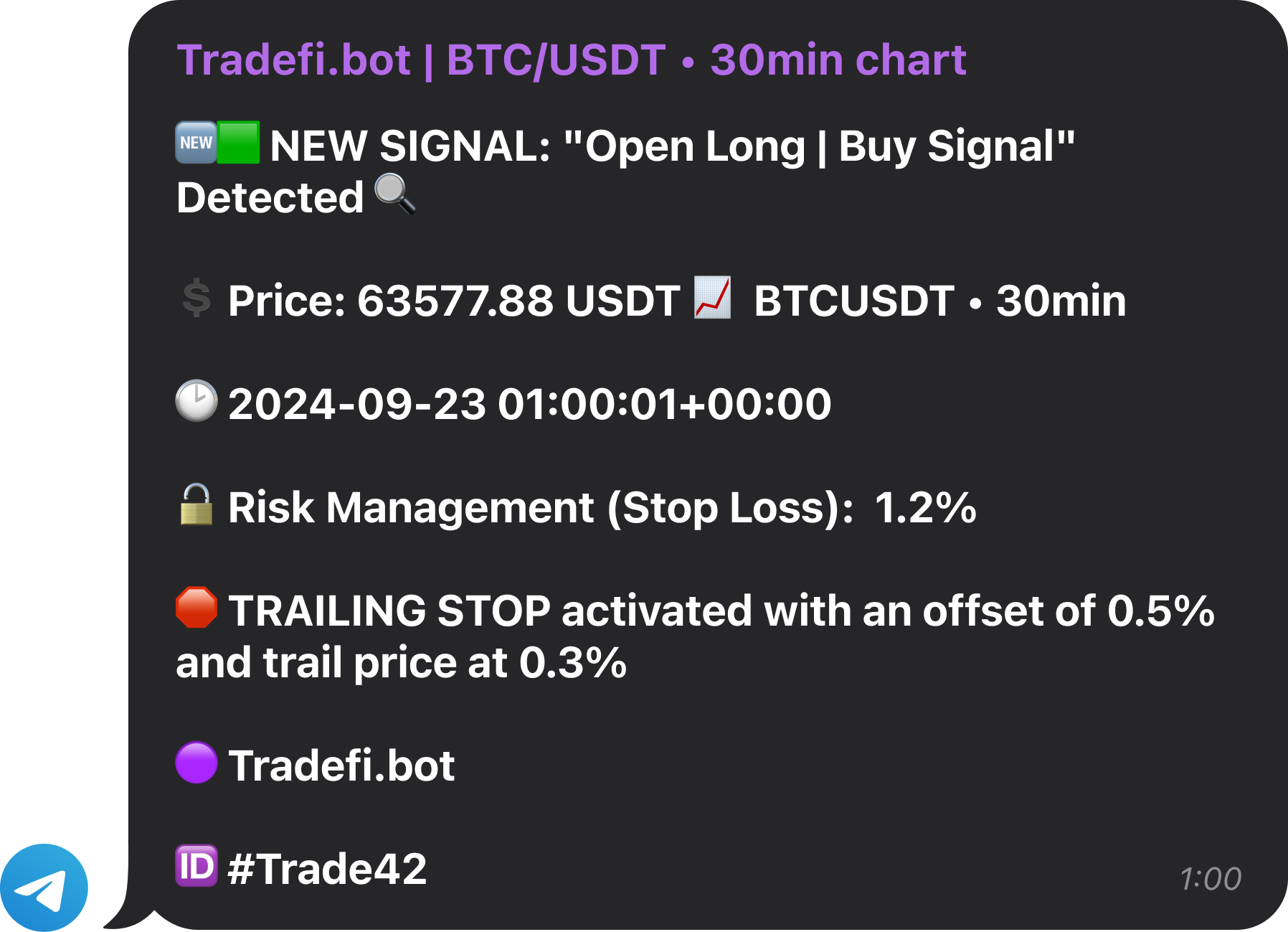 Telegram notification of bearish trend for WBTC/USDT pair. Telegram alert indicating a bearish trend detected for the WBTC/USDT pair with suggested stop-loss for risk management.