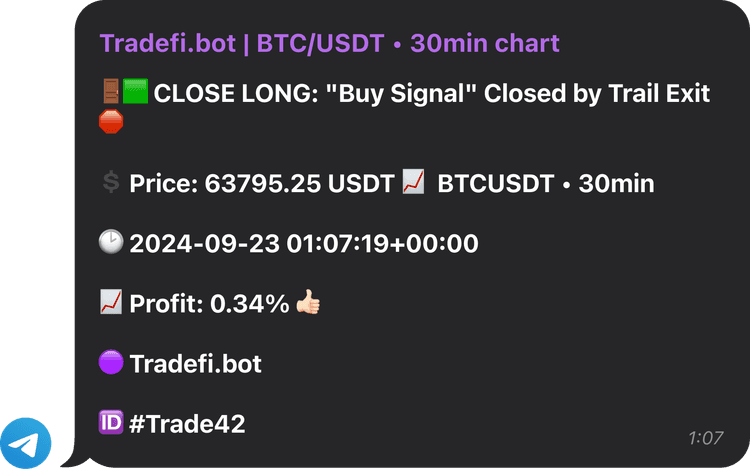 Bullish trend notification on Telegram for WBTC/USDT. Telegram notification of bullish trend for WBTC/USDT with buy signal and risk management by Tradefi.bot.